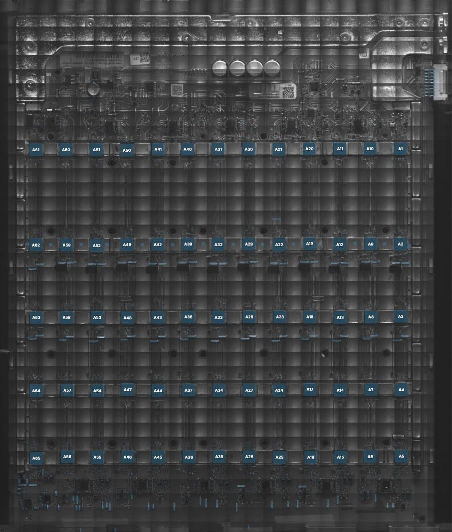 S21 Pro hashboard in the manual diagnosis viewer, ASIC channels A1 to A65 tagged